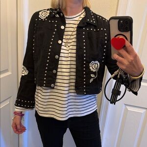 Cinq à Sept Black Floral Studded Jean Jacket